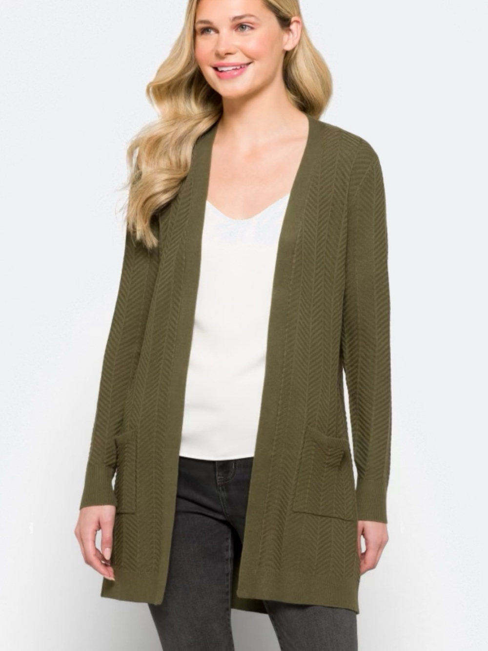 Love Ellie Olla Herringbone Knit Cardigan Olive Green Size Medium